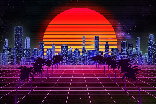Retro wave, synthwave or vaporwave skyline scenery or landscape at night with starry sky and sun. 3d rendering abstract illustration. Arcade gaming 80's style with purple grid terrain.