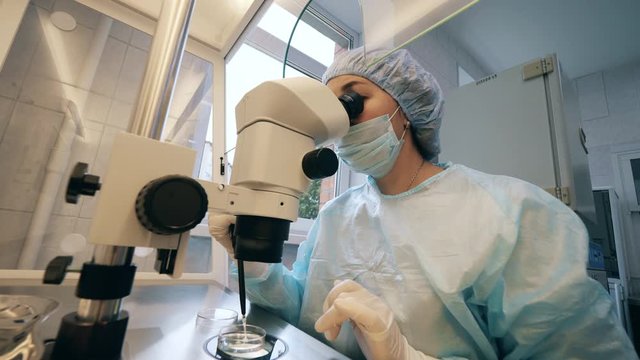 Coronavirus epidemia, virus vaccine concept. Female laboratory scientist is working with a microscope
