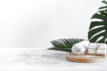 Spa composition with care items on a light background