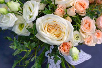 Fresh composition of bright flowers close-up work of florist decorative background