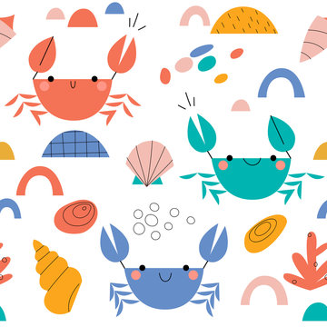 Seamless vector pattern with cute crabs. Marine theme. Hand drawn vector cartoon illustration.