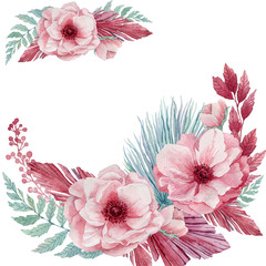 watercolor illustration of delicate anemone flowers and blue tropical twigs. a wreath of pink flowers and blue palm leaves. Beautiful wedding invitations, a Valentine's Day card.