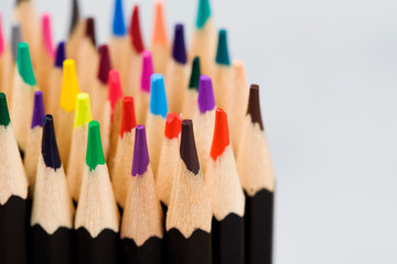 Close up macro shot of color pencil pile pencil nibs.