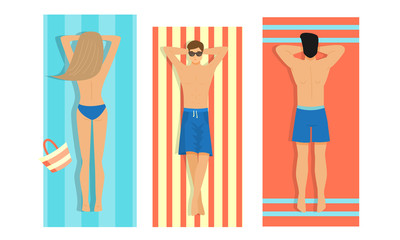 Women and men in swimwear sunbathing on holidays vector illustration