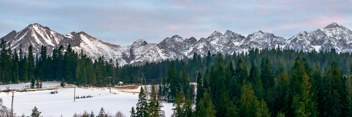 Winter Panorama of Tatra Mountain from slope near Zab Village 