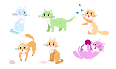 Funny colorful cats doing everyday things and playing vector illustration