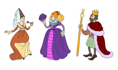 King, queen and maid of honor in costumes vector illustration