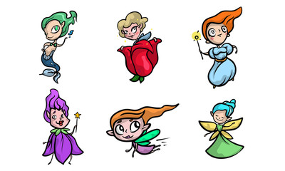 Little fairy girls and enchantresses with wings vector illustration