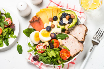 Keto diet plate on white table.