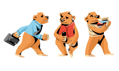 Modern brown bears in everyday human life vector illustration