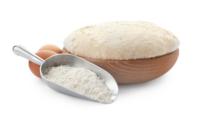 Dough, eggs and flour on white background. Cooking pastries