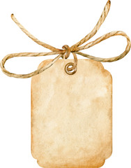 Watercolor brown paper tag tied up with a rope bow isolated on white background.