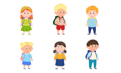 Happy children girls and boys pupils with backpacks vector illustration