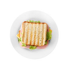 Tasty sandwich with ham isolated on white, top view