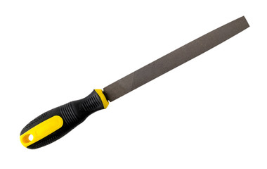 Flat steel file with yellow black rubber handle isolated on white background. Rasp tool for processing of wood and metals. Repair and construction.