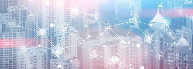 Business organizational structure innovation automation technology panoramic website header background.