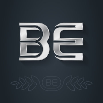 BE - initials or silver logo. B and E - Metallic 3d icon or logotype template. Design element with line art option. Vector.