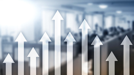 Up arrow graph on skyscraper background. Invesment and financial growth concept.