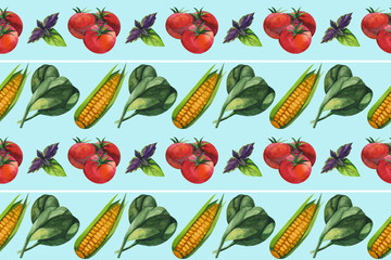 Watercolor seamless floral pattern with healthy food hand drawing decorative background. Print for textile, cloth, wallpaper, scrapbooking