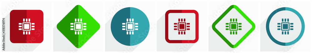 Poster circuit, technology, chip, processor icon set, flat design vector illustration in 6 options for webd