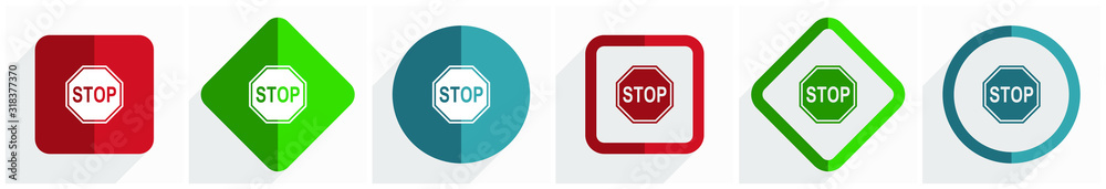 Poster stop, sign, danger, warning icon set, flat design vector illustration in 6 options for webdesign and