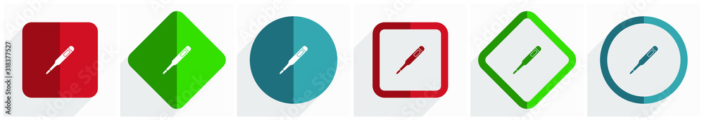 Aufkleber electronic digital medical thermometer icon set, flat design vector illustration in 6 options for we