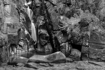 Black and White Waterfall in Geres National Park, Terras de Bouro, Portugal.