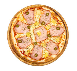 Classic thin pizza with mozarella, ham and pine aplle  on a white background