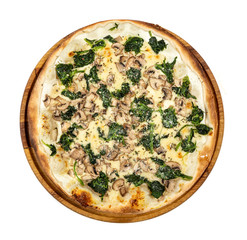 Classic thin pizza with mozzarella, spinach and mushrooms on a white background