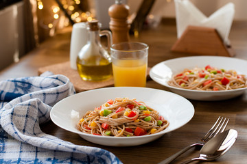 Delicious vegan pasta salad with tahini dressing. Noodles with quinoa or whole wheat pasta.