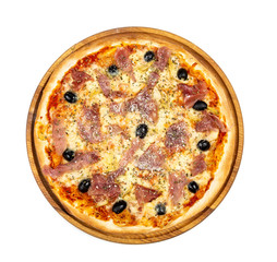 Classic thin pizza with mozzarella and prosciutto on a white background