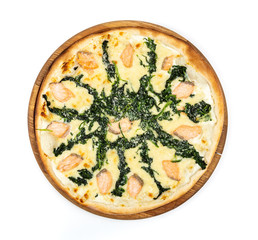 Classic thin pizza with mozzarella and smoked salmon on a white background