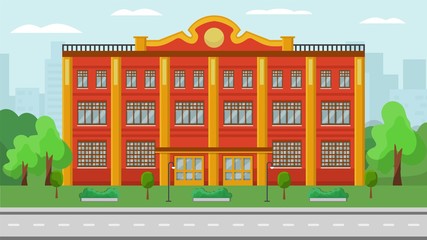 Administrative building front exterior vector illustration. Federal municipal city government state or different official structure department house facade. Trees, greenery, buildings background.