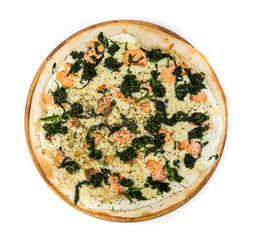 Classic thin pizza with mozzarella and smoked salmon on a white background