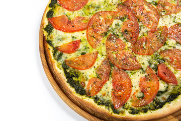 Classic thin margarita pizza on a white background