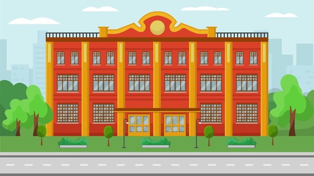 Administrative Building Front Exterior Vector Illustration. Federal Municipal City Government State Or Different Official Structure Department House Facade. Trees, Greenery, Buildings Background.