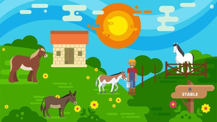 Horse stable and pasture land vector illustration flat style. Horse breeder farmer worker man at animal husbandry. Varicolored cartoon horses walking outdoor and eating grass on meadow.