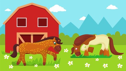 Obraz na płótnie Canvas Two cute cartoon horses walking outdoor and eating grass on farm pasture meadow with flowers near stable vector illustration flat style. Horse breeding animal husbandry.