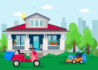 Fototapeta na wymiar Lawn mowers stand on grass in yard front of beautiful private house vector illustration flat. Motorcycle and electric two lawn mowers machine garden care household equipment.