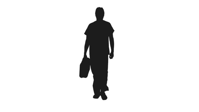 Black and white silhouette of man walking with suitcase, Full HD footage with alpha transparency channel isolated on white background