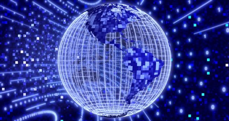 Neon Digital binary background with rotating Blue Planet earth. animation for network, digital event. 3D illustration