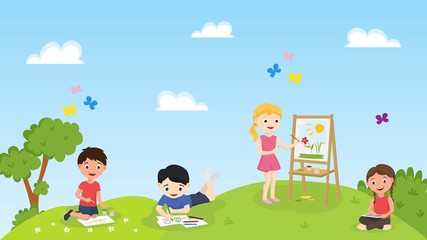 Obraz na płótnie Canvas Children draw on nature meadow vector illustration. Boys and girls paint standing and lying on grass field. Group of children, art class, kindergarten or school creative open air lesson.