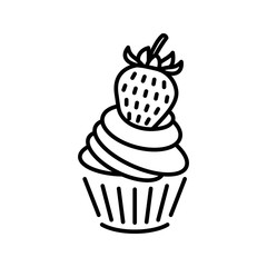 Cute cupcake with a strawberry icon in black color isolated on white background. Trendy line art. Vector illustration.