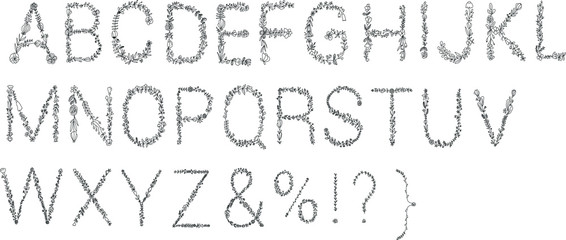 Decorative alphabet.Floral font. Black and white lines. The outlines of the letters.