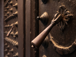 Old metal and brown knocker on an old brown and cracked door surrounded by deterrent brushes