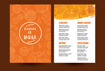 Indian food menu design. Linear graphic. Vector illustration. Engraved style. - obrazy, fototapety, plakaty