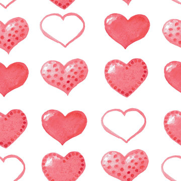 Seamless patern with hand drawn watercolor variety of red hearts.