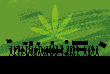 Naklejka na ściany i meble Silhouette of marijuana activists marching with marijuana leaf as a background, Vector