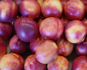 High angle close-up full frame view of box of nectarines on display for sale at a market stand