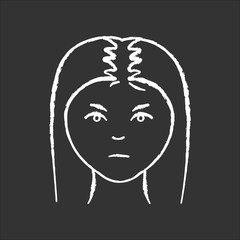 Female hair chalk white icon on black background. Woman with alopecia. Hairloss problem. Dermatology and beauty treatment. Thinning hairline. Falling hair. Isolated vector chalkboard illustration